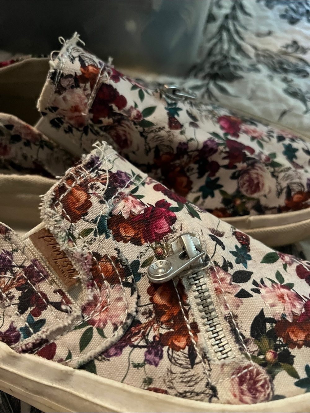 Blowfish Floral Slip-On Sneakers in Cream with Pink & Burgundy Accents - Picture 2 of 5